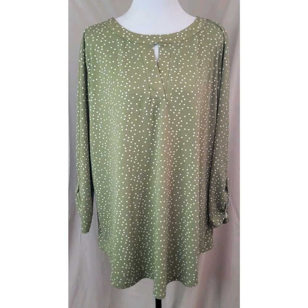 Cure Womens 3XL Olive Green White Polka Dot Tunic Top Long Sleeve Plus Size